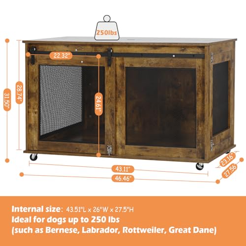 LINLUX 47 Inch XL Dog Crate Furniture, Wooden Heavy Duty Dog Kennel Indoor, Decorative Dog Cage Table for Extra Large Dogs, with Sliding Doors