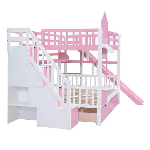 SOFTSEA Twin Over Twin Bunk Bed with Slide and Storage Solid Wood Bunk Bed Frame with Staircase and Drawers, Pink