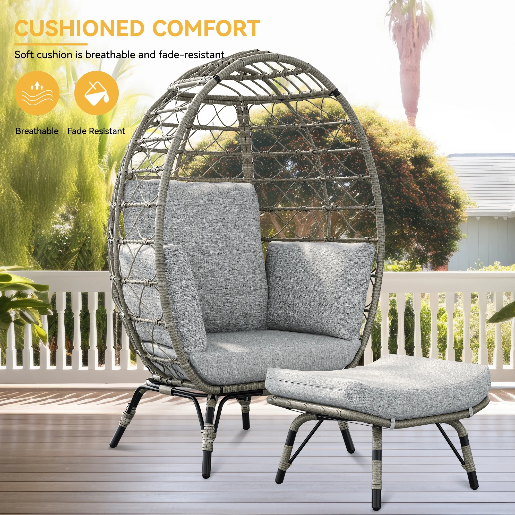 Dextrus Egg Chair with Stand Outdoor Egg Lounge Chair with Cushion Wicker Chair PE Rattan Chair Ottoman Included for Patio, Garden, Backyard, Porch