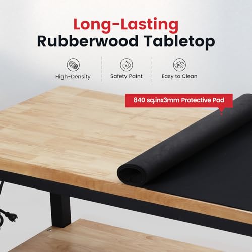 48 Inch Work Table for Garage Adjustable Height Rubber Wood Tabletop Workbench with Storage Work Bench Table with Power Outlets Pegboard Pad for