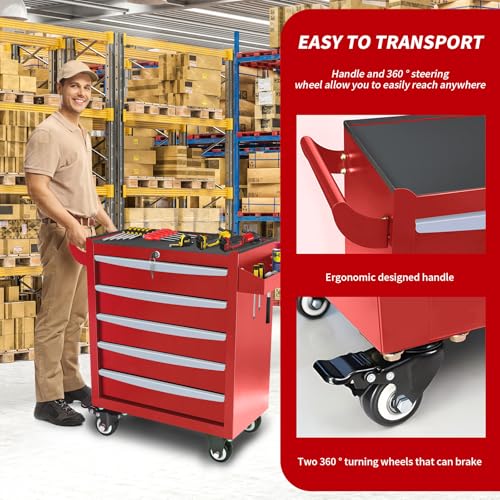Rolling Tool Chest, Metal Tool Box with 5 Drawers