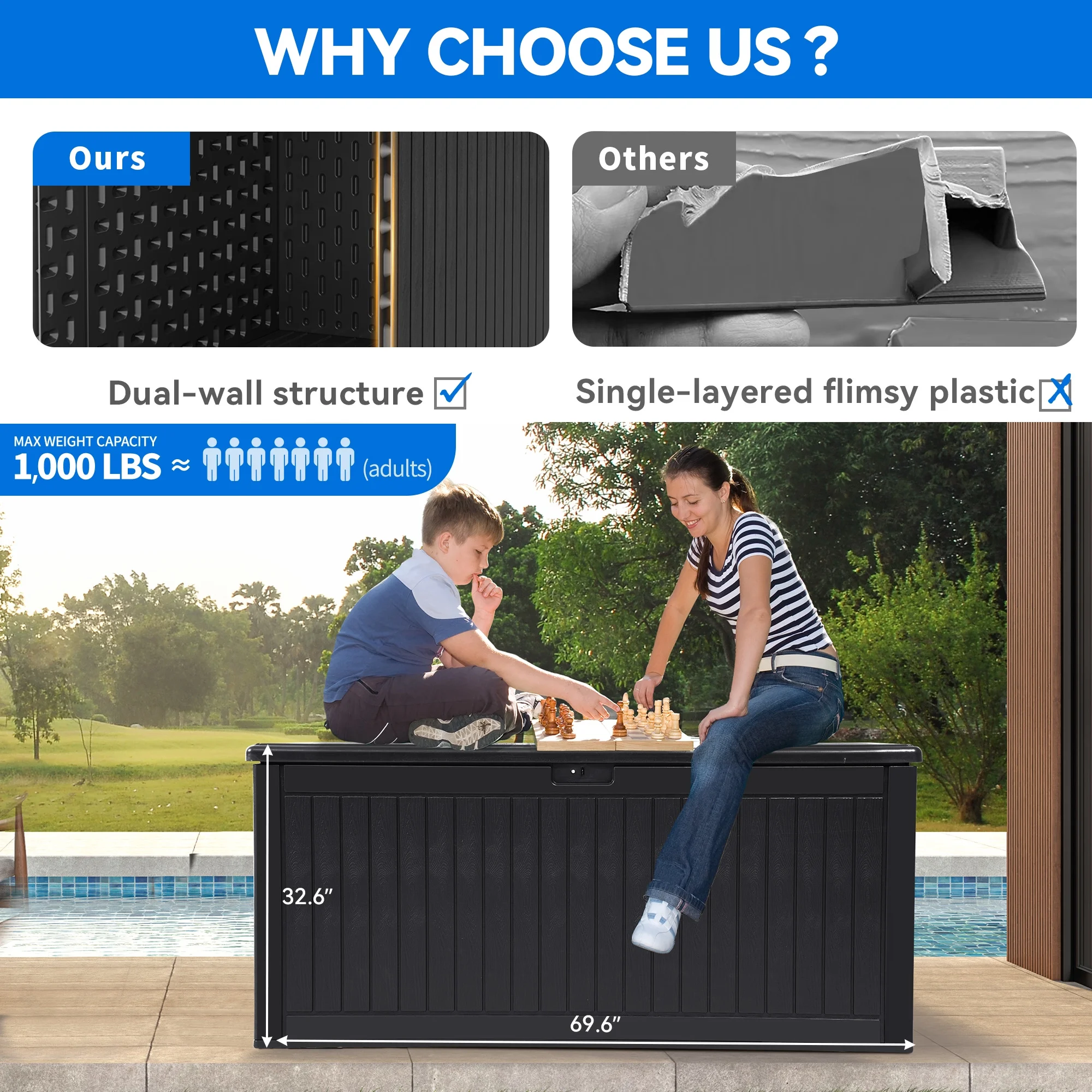 Dextrus Large Outdoor Deck Box - Spacious, Durable, and Convenient 260 Gallon Large Double-Wall Resin Outdoor Storage Boxes, Lockable & Waterproof