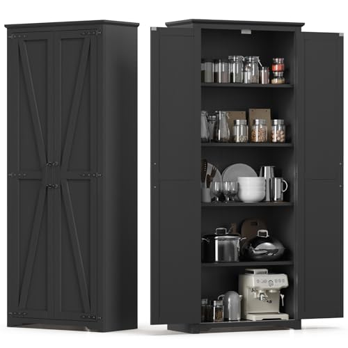 72" Tall Farmhouse Kitchen Pantry Cabinet, Large Storage Cabinet with 6 Adjustable Shelves, 4 Barn Doors & Drawer for Bathroom, Dining Room, Brown