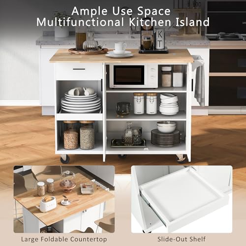 55.7'' Large Kitchen Island with 2 Drop Leaf, Rolling Kitchen Cart on 5 Wheels with Power Outlet