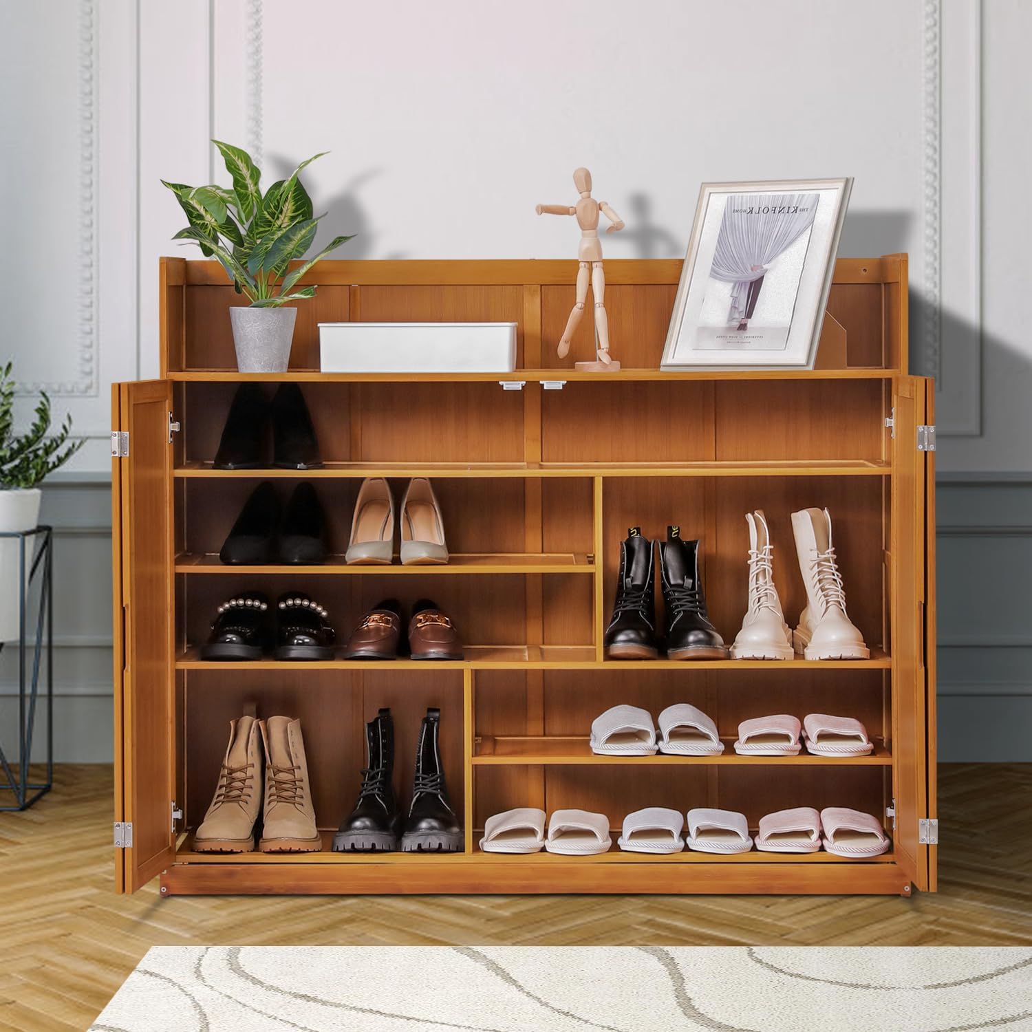 Magshion 5 Tier Bamboo Shoe Cabinet with Doors, Free Standing Shoe Shelf Organizer w/High Baffle
