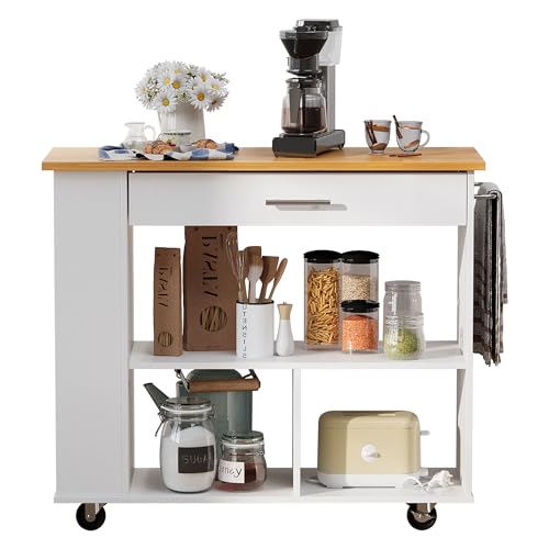 Shintenchi Rolling Kitchen Island Cart with Folding Drop Leaf Breakfast Bar, Portable Trolley Island with Large Storage Cabinet, Shelf and Drawer