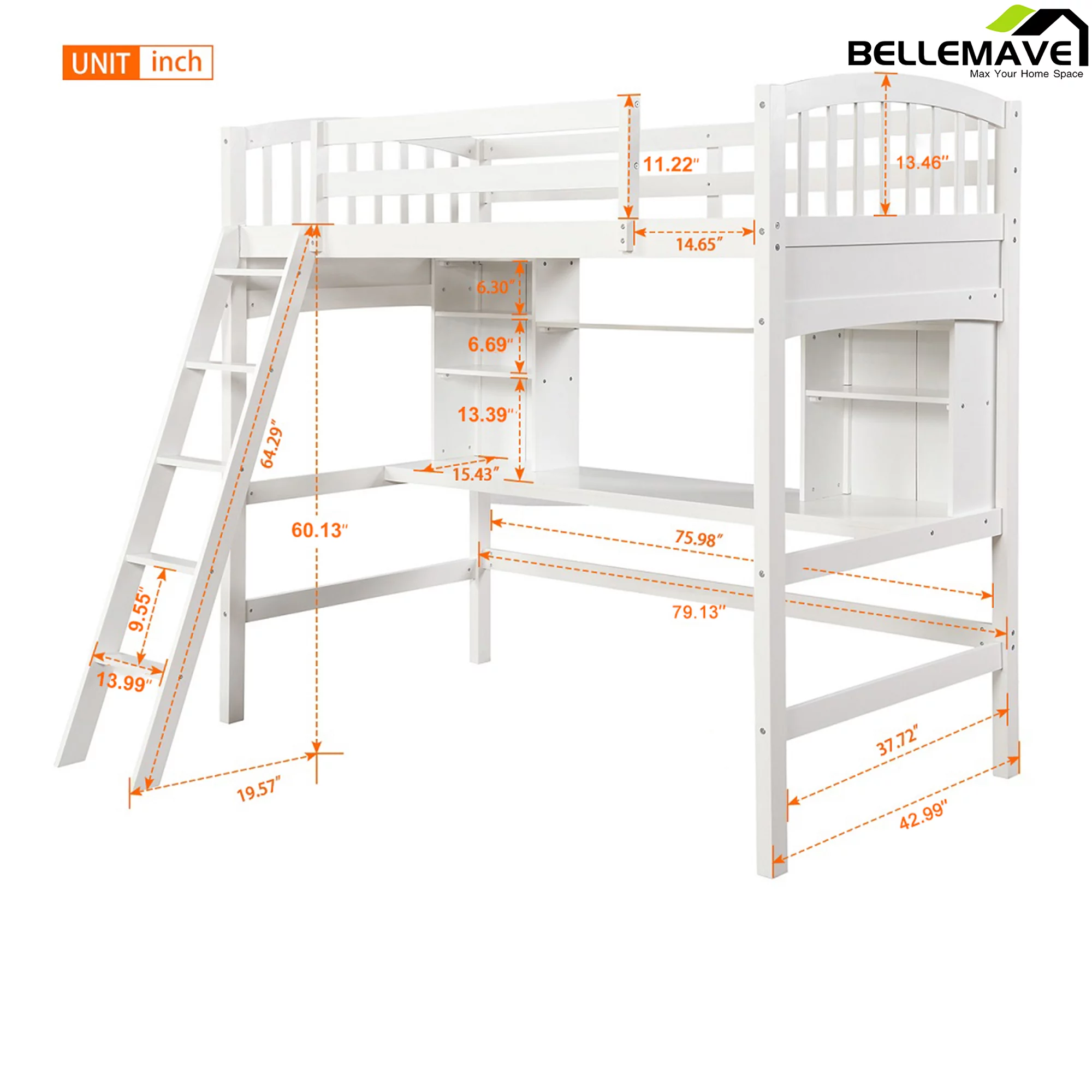 Bellemave Twin Size High Loft Bed with Storage Shelves, Desk and Ladder for Kids Bedroom,Solid Wood Bed frame with Safety Guardrails for Teens