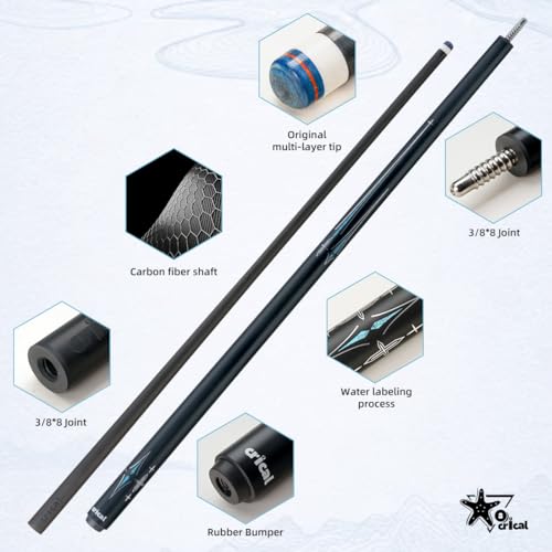 CRICAL Carbon Fiber Pool Cue Stick 58" Billiard Cue Sticks Professional Low Deflection Pool Sticks with 3/8 * 8 Pin Joint and 12.5mm Tip