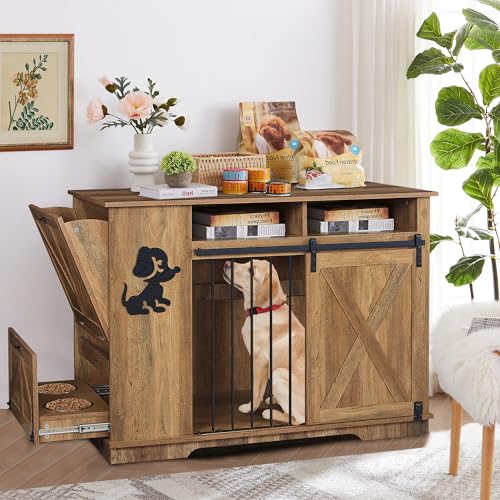 Aoowow Large Double Dog Crate Furniture 72.4" Indoor Dog Kennel with Sliding Barn Door and Divider