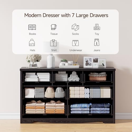Black 7 Drawer Dresser for Bedroom, 55" Modern Dresser with 7 Deep Drawers, Wooden Chest of Drawers with Metal Handles, Clothes Organizer for Hallway