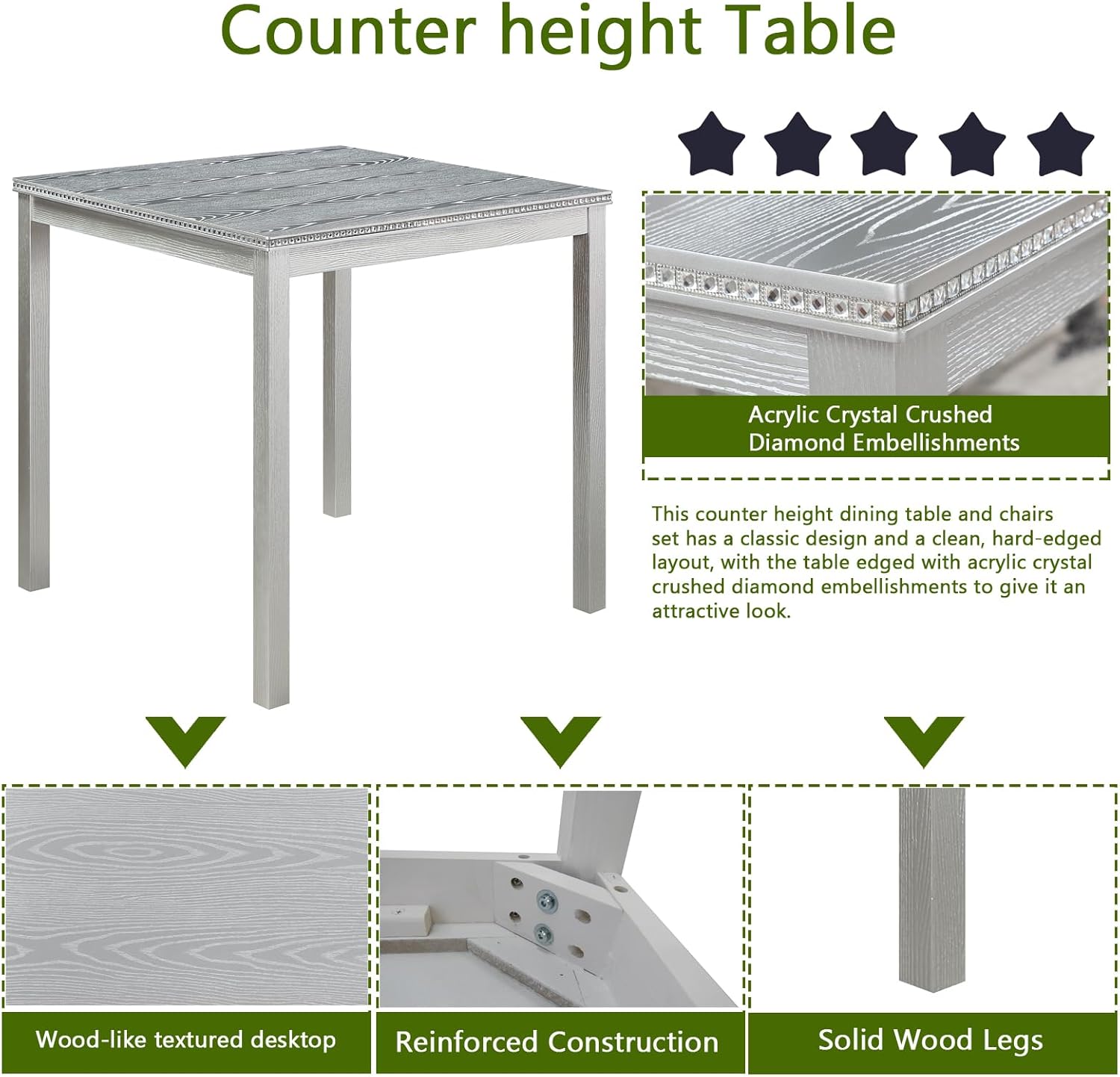 5-Piece Acacia Wood Counter Height Dining Table Set, 34.50'' Square Dining Table and 4 Upholstered-Seat Chairs