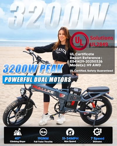 Wallke H9 AWD 3200W Dual Motor Electric Bike for Adult, 48V 82Ah/60Ah Sam-sung Cell Battery, 240-130 Mile 34MPH Fast Ebike