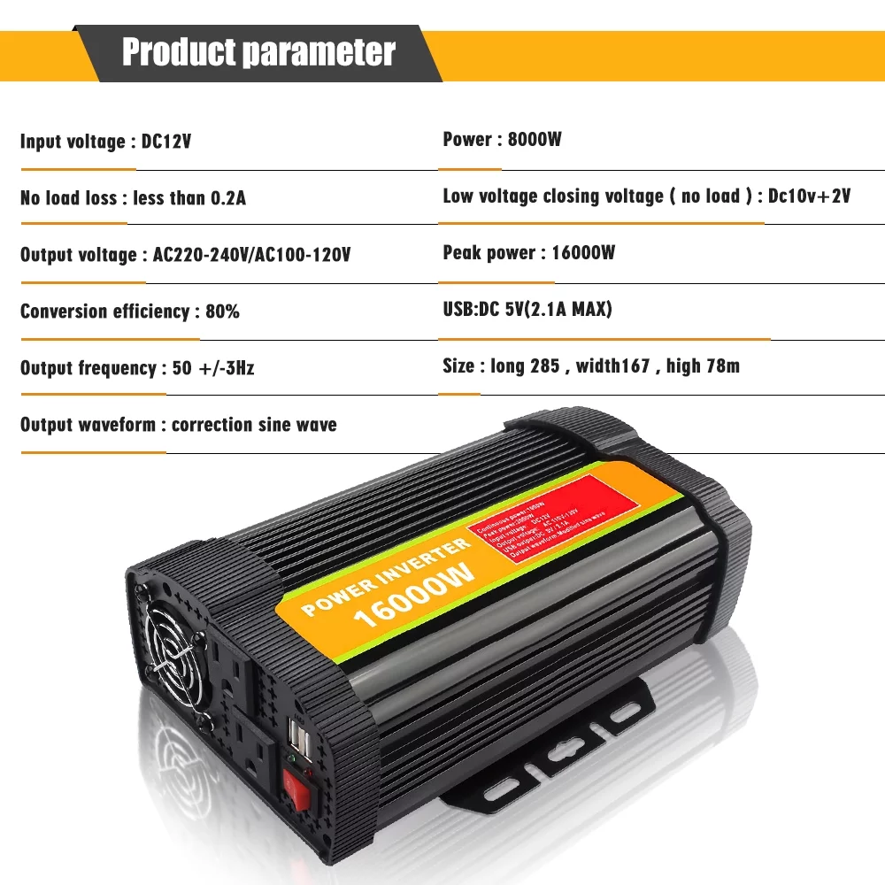 Modified Sine Inverter High Frequency 16000W Peak Power Watt Power Inverter DC to AC Converter Car Power Inverter with 2.1A Dual USB Port