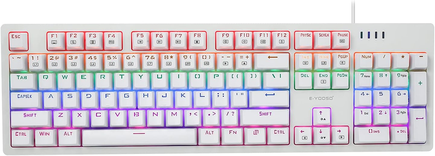 Mechanical Keyboard Red Switches 104 Keys, E-YOOSO K-682 Gaming Keyboard Rainbow LED Backlit and RGB Side Light Pack of 2