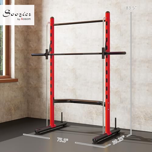 Soozier Squat Rack with Pull-Up Bar, Adjustable Power Rack with Barbell Bar, Multi-Functional Bench Press Rack for Home Gym Strength Training