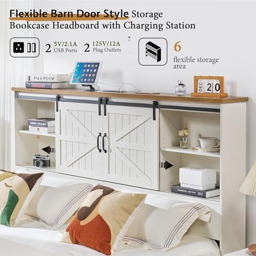 VanAcc Full Size Bed Frame, Wooden Platform Storage Bed with 51.2" Bookcase Headboard, 2 Drawers
