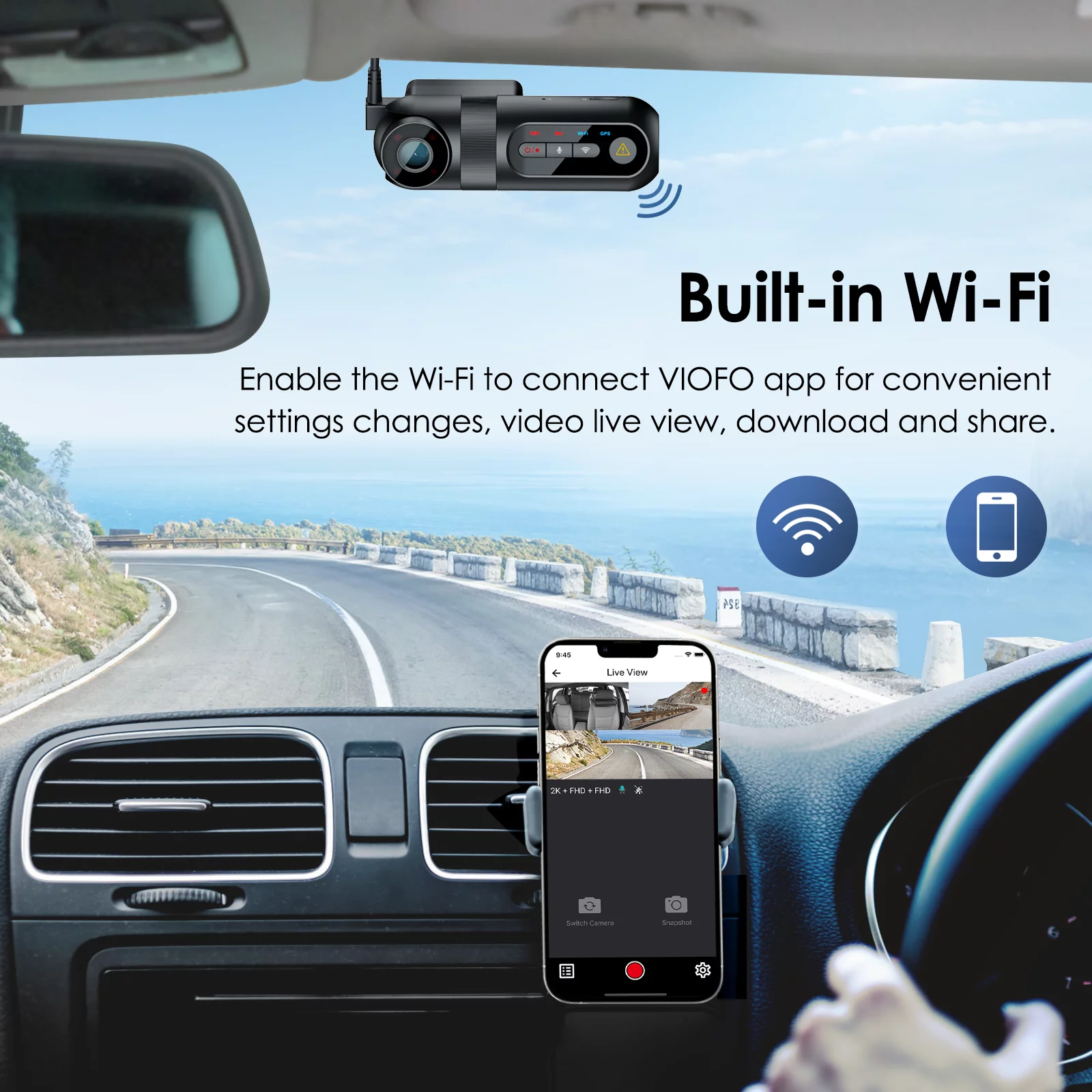 VIOFO T130 3 Channel Dash Cam Uber,  WiFi and GPS, 1440P+1080P+1080P,  Supercapacitor, 24 Hour Parking Mode, Support 256GB Max