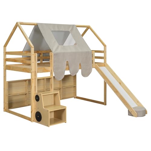 Harper & Bright Designs Kids Twin Low Loft Bed with Slide and Storage Shelves, Wood Playhouse Loft Bed Frame with a Tent & Stairs