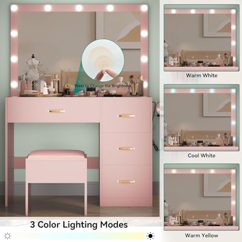 YITAHOME Vanity Desk Set with Large 35" LED Mirror and Lights, Makeup Table with 4 Drawers & Stool, 2 AC Outlets and 2 USB Ports, Adjustable Lighting