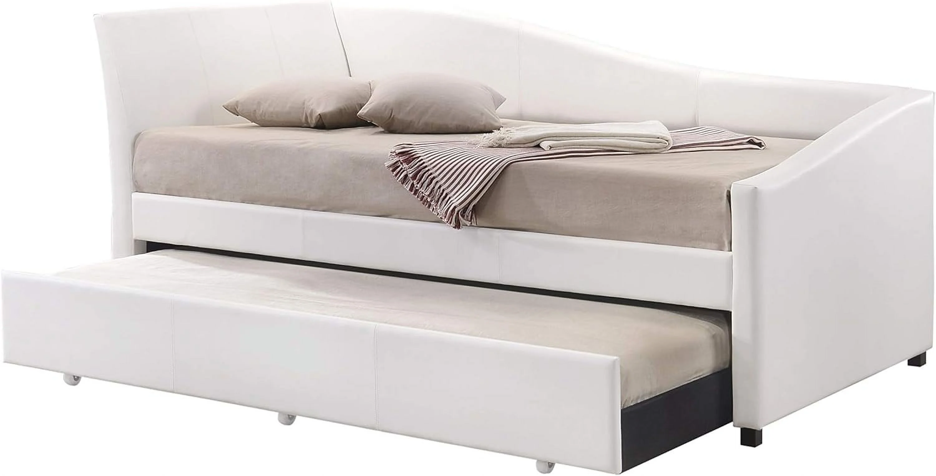 Upholstered Daybed With Trundle Modern White Faux Leather Day Beds Solid Rubber Wood Sofa Bed Frame With Guest Trundle For Living Room Bedroom