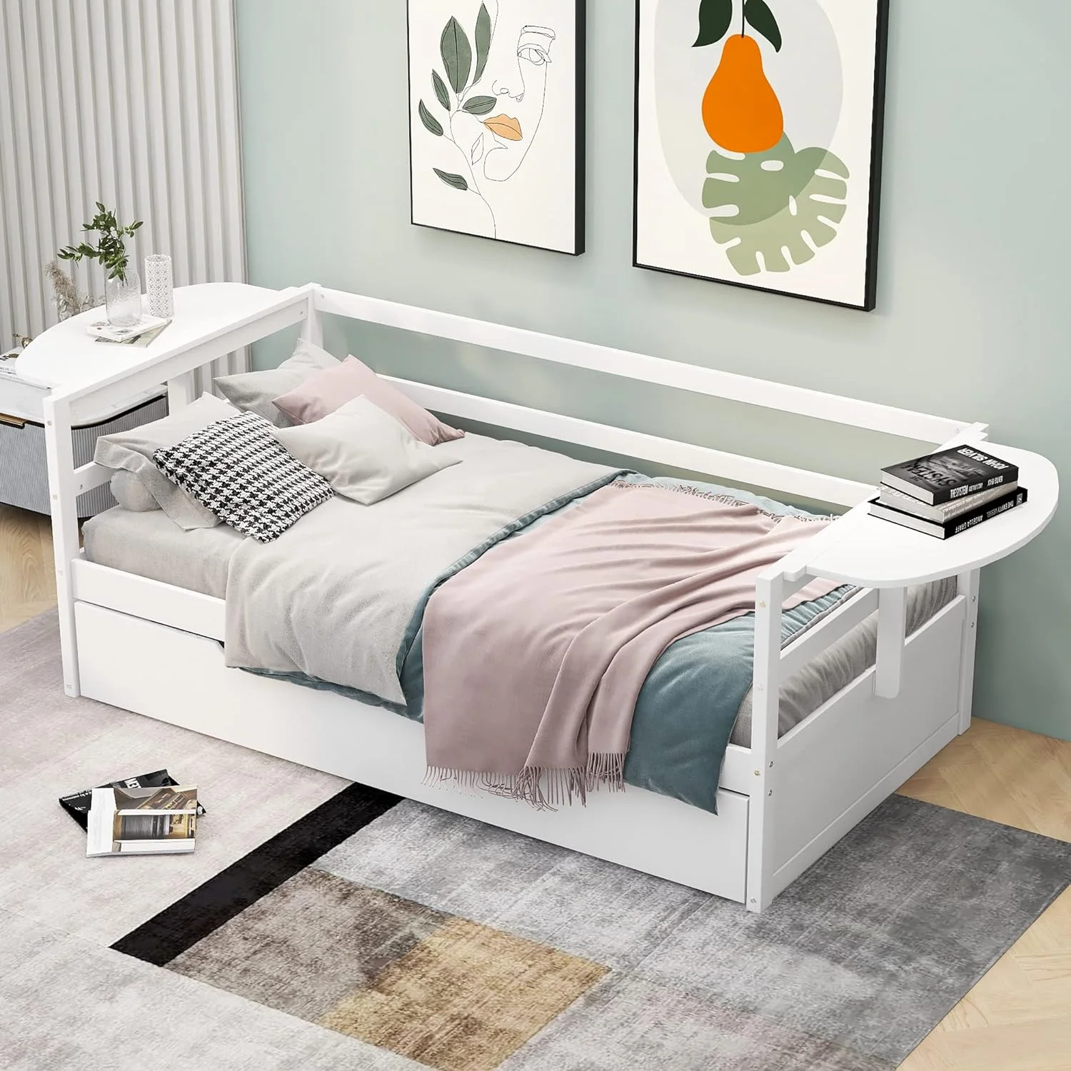 Size Daybed With Trundle, Solid Wood Daybed Frame With Foldable Shelves On Both Sides, For Kids Teens Guests. Bedroom Living Room Furniture (, White)