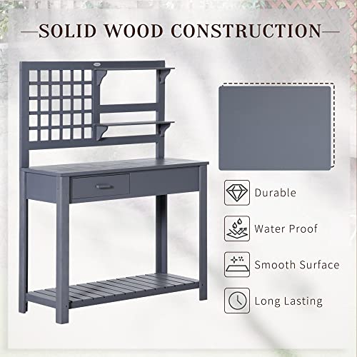 Outsunny Potting Bench Table, Garden Work Bench, Outdoor Wooden Workstation with Tiers of Shelves and Drawer for Patio, Courtyards, Balcony, Brown