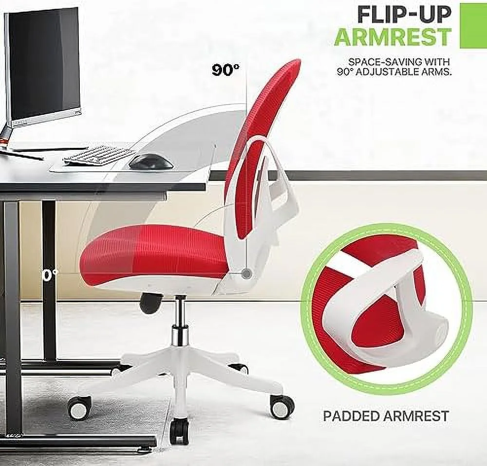 Office Desk Chair Mid-Back Mesh Swivel Chairs  Ergonomic Office Computer Chair with Flip-Up Arms  Red