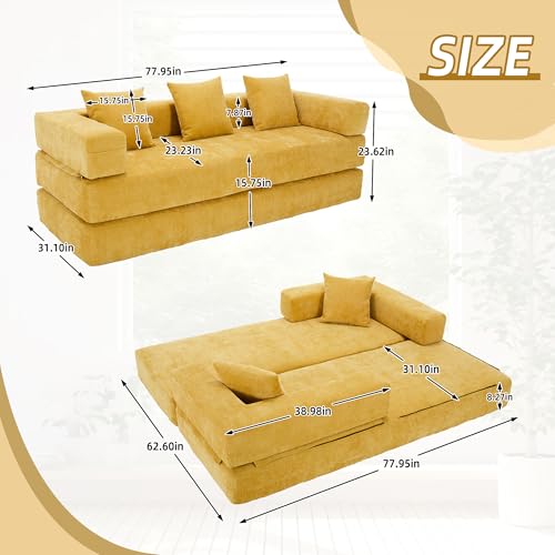 Convertible Sleeper Sofa Bed with Cylindrical Pillow, Corduroy Folding Mattress Couch with Fixed-Shape Frame