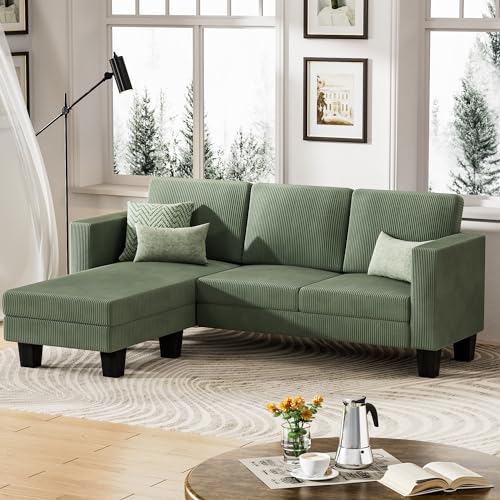 YESHOMY L-Shaped Convertible Sectional Sofa 3 Seater with Corduroy Fabric, Complete with Mobile Footrest, for Living Room, Apartment and Office, 70"