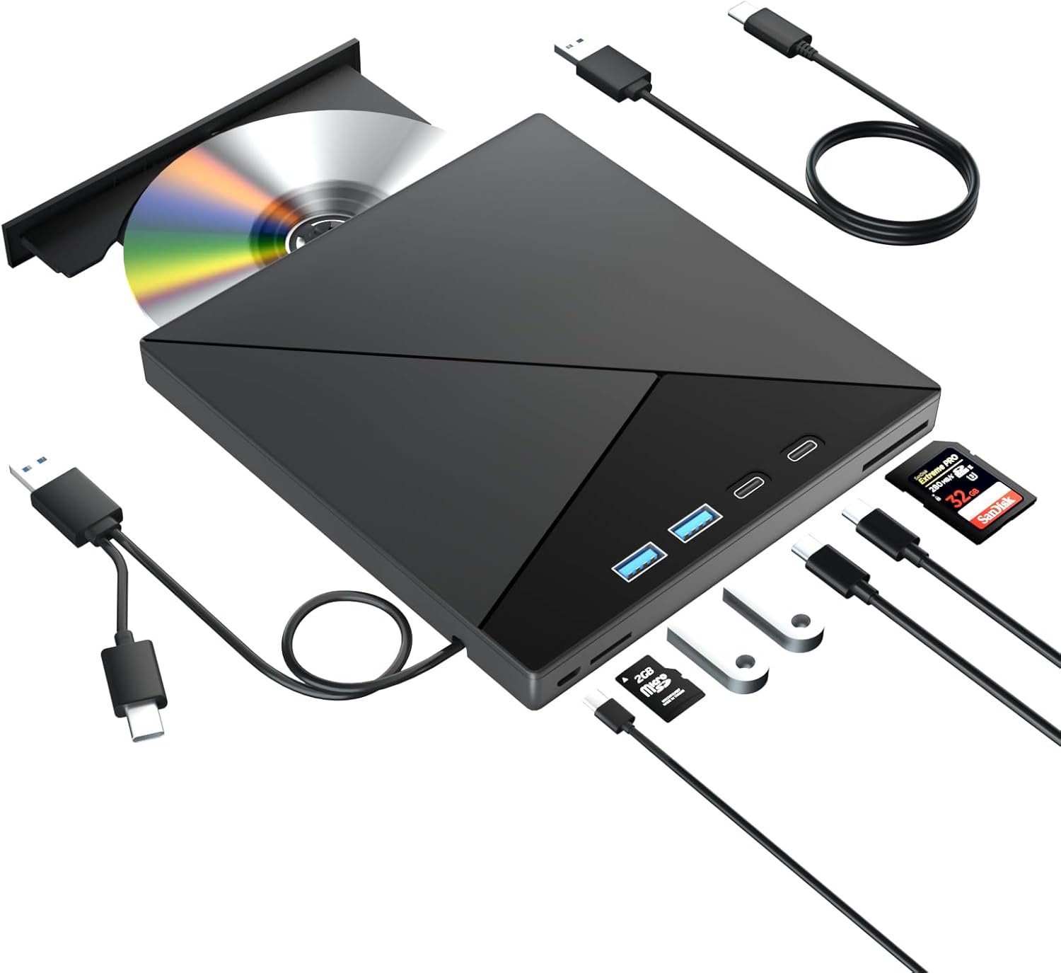 7 in 1 External Blu Ray Drive, 4k Blu Ray Burner with USB 3.0 Type-C Portable Blu Ray Drive, CD DVD Burner 3D BD Player with SD/TF Ports