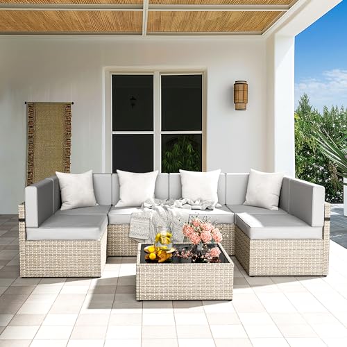 Pamapic Patio Furniture Set, 7 Pieces Modular Outdoor Sectional,Wicker Patio Sectional Sofa Conversation Set