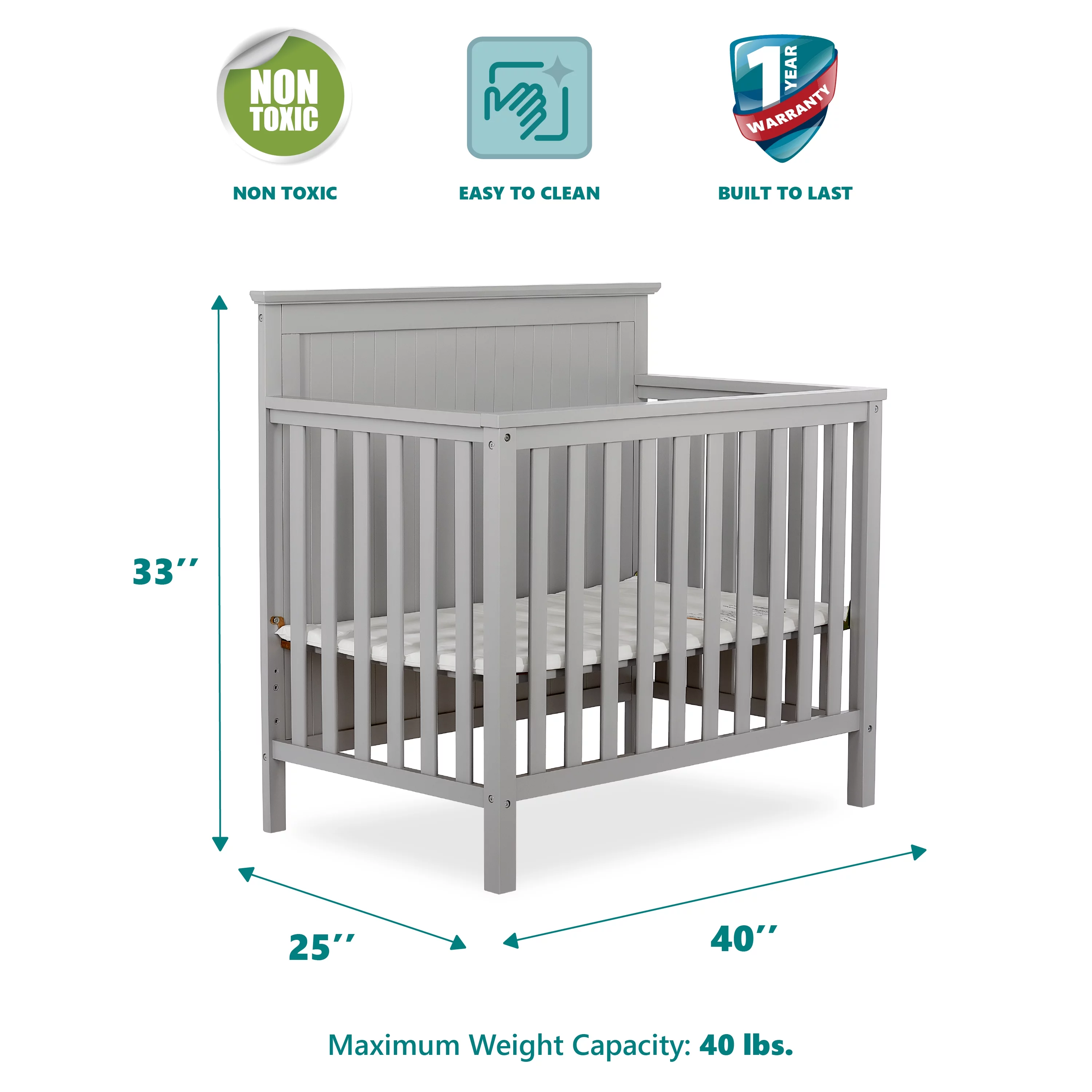 Dream On Me Ava 4-in-1 Convertible Mini Crib, Pebble Grey