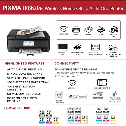 Canon PIXMA TR8620a - All-in-One Printer Home Office|Copier|Scanner|Fax|Auto Document Feeder | Photo, Document | Airprint (R), Android, Black