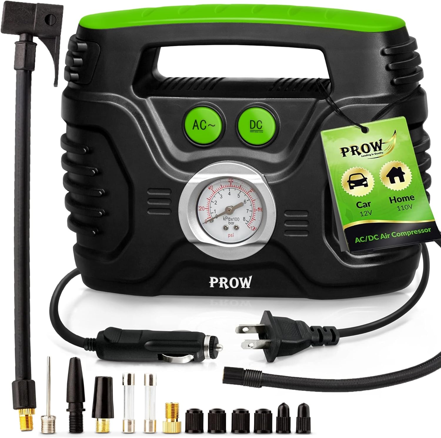 PROW Electric air Compressor Portable tire inflator 12V, 110V, car and Bike Pump Presta and Schrader Valve Upscale, Analog Pressure Gauge