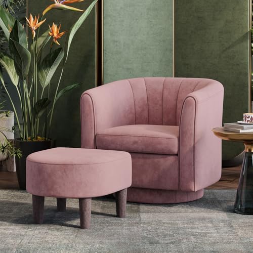 LINSY Swivel Accent Chair Ottoman Set: Velvet Small Barrel Chair with Foot Rest