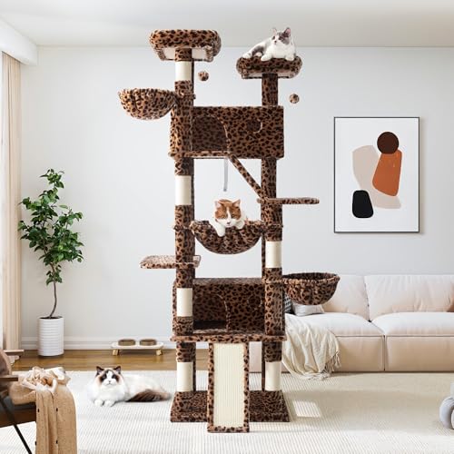 Allewie 81 Inches Tall Cat Tree/Multi-Level Large Climbing Tree House and Towers for Big Feline/Condo and Hammock/Scratching Post/Wide Base/Dark Grey