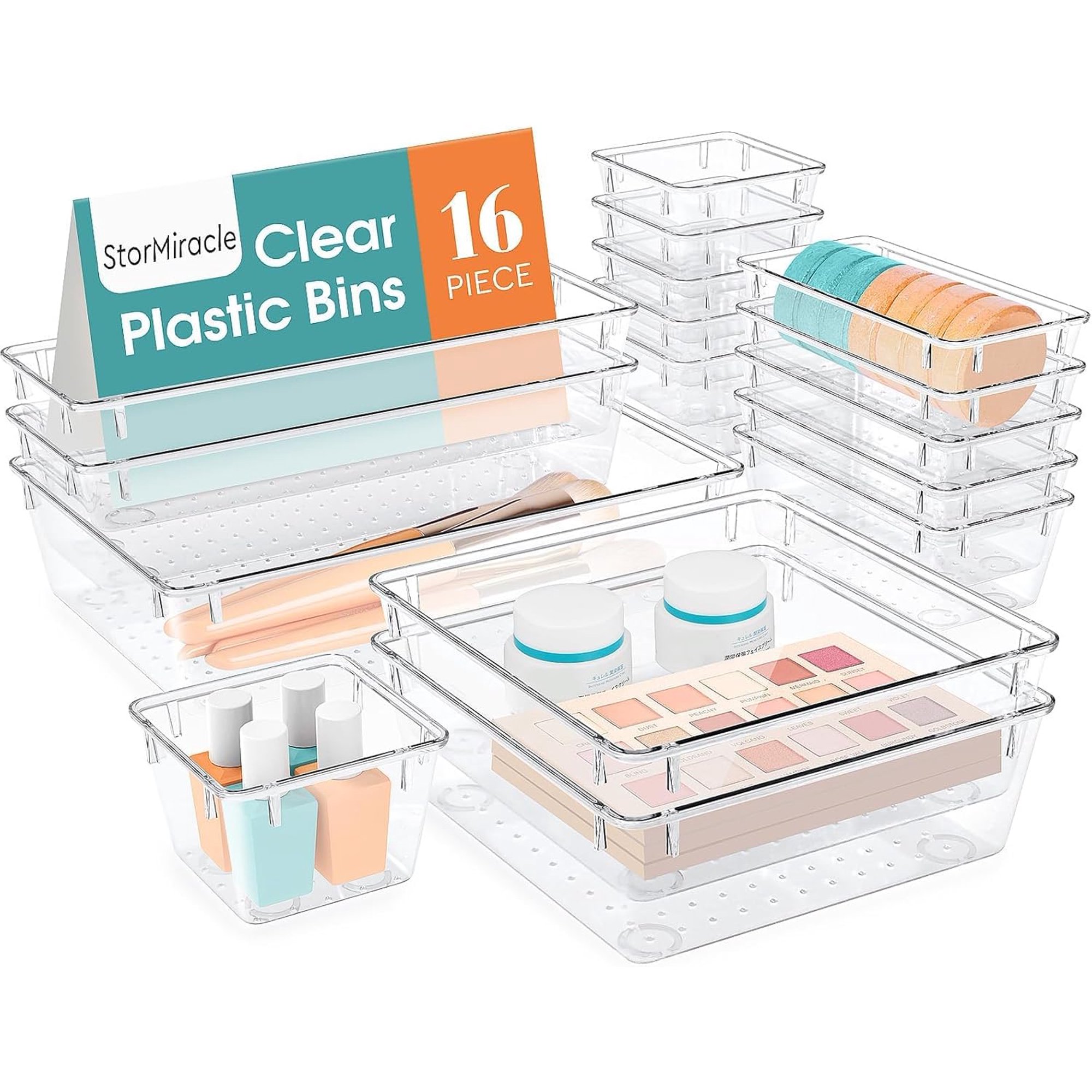 16 PCS Drawer Organizer Set, 5 Varied Size Bathroom and kitchen Drawer cabinet organizer Trays, Clear Storage Bins for Makeup, Jewelry