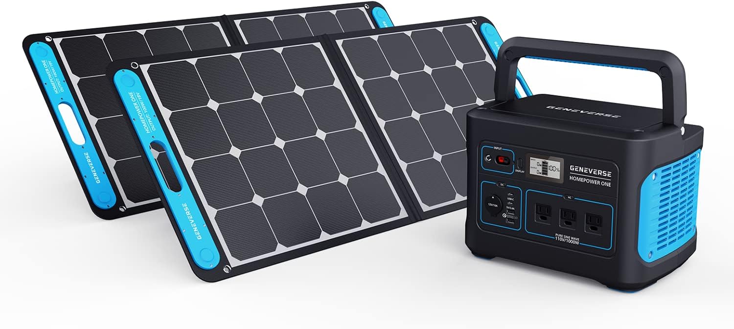 Geneverse 1002Wh (1x2) Solar Generator Bundle: 1X HomePower ONE Portable Power Station (3X 1000W AC Outlets) + 2X 100W Solar Panels. Quiet