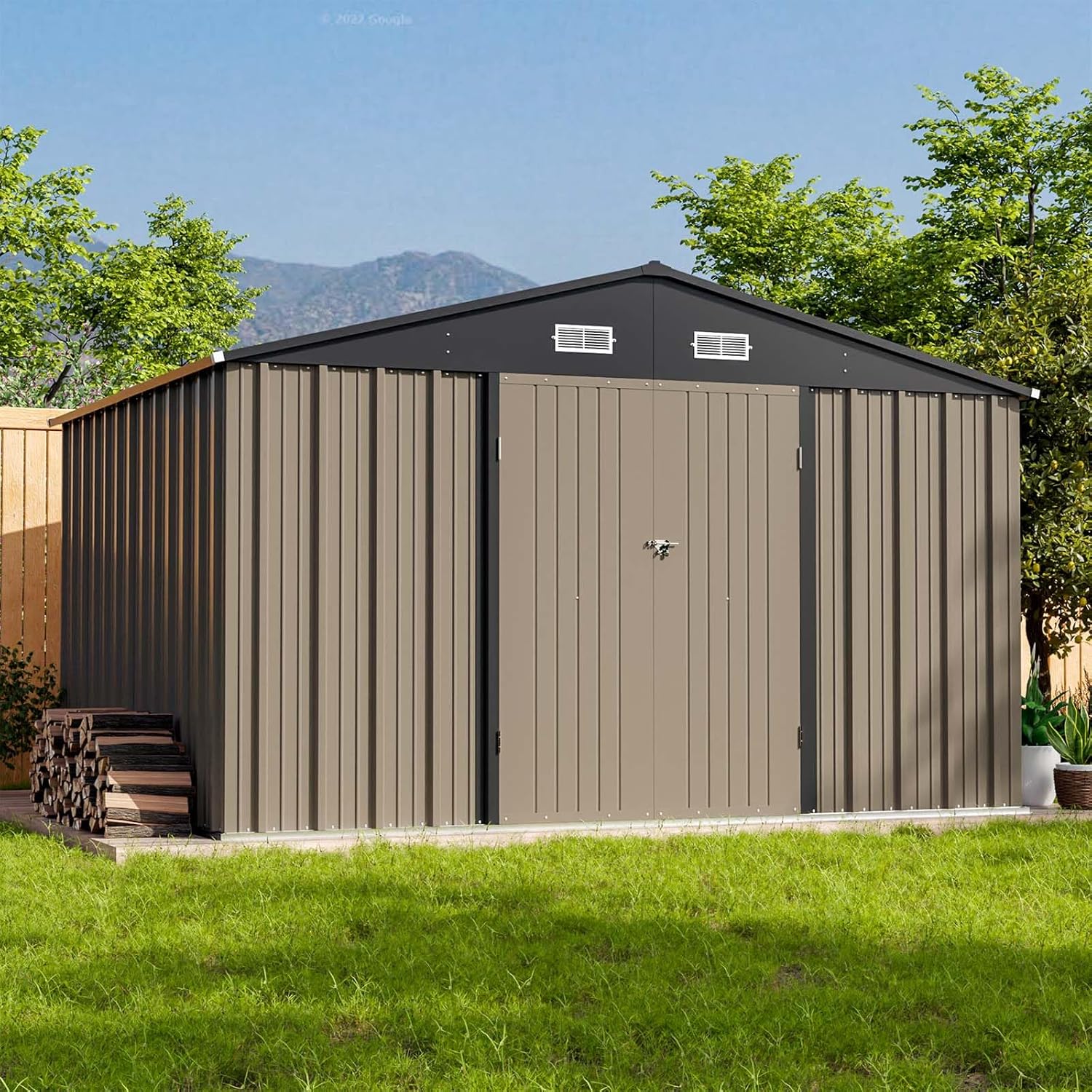 Patiowell 10 x 8 FT Outdoor Storage Shed, Large Garden Tool Metal Shed with Sloping Roof and Double Lockable Door