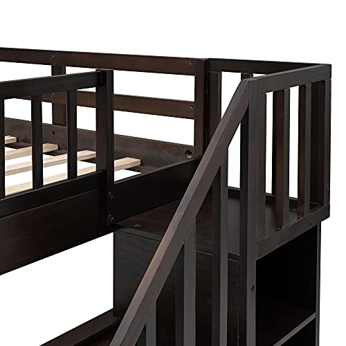 Harper & Bright Designs Twin Over Twin Bunk Bed with Stairs and Trundle, Solid Wood Stairway Bunk Bed Frame with Storage