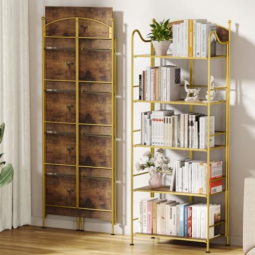 Folding Bookshelf No Assembly, 5 Shelf Black Folding Bookcase, Industrial Tall Metal Collapsible Corner Book Shelf with Storage Shelves for Bedroom
