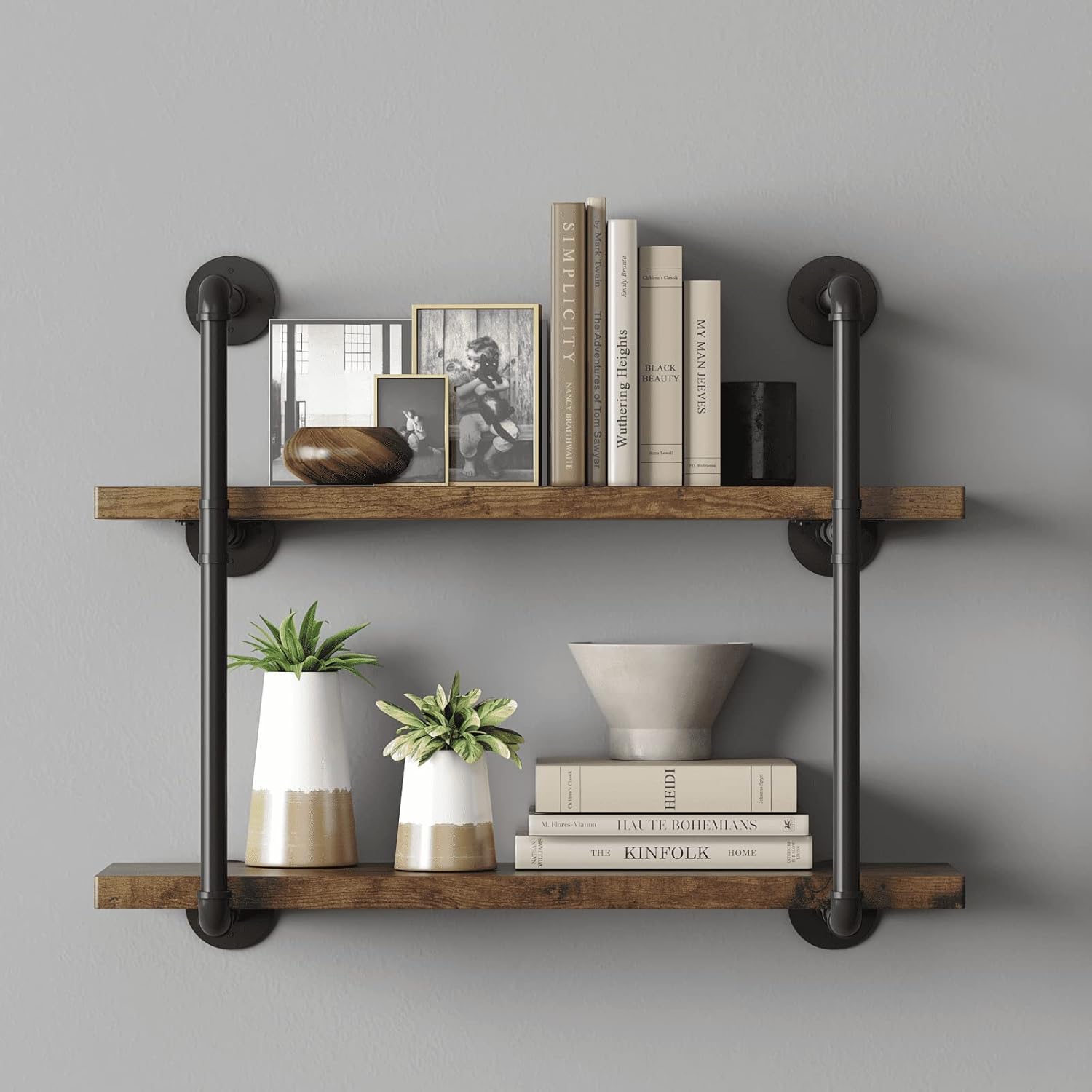 CADMIC Industrial Wall Mount Iron Pipe Shelf for Office Room Kitchen DIY Open Bookshelf Retro Black Storage Shelves Pipe Shelving Hung Bracket (3