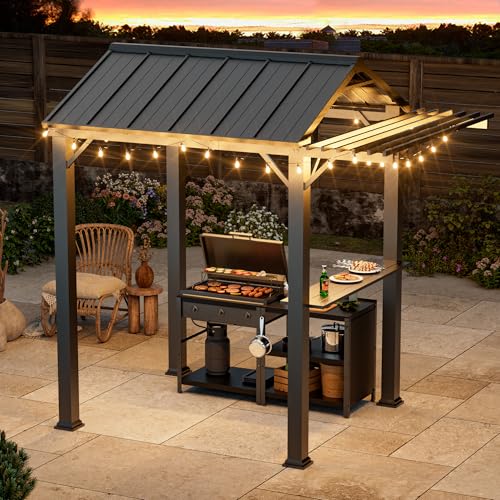 Hardtop Grill Gazebo 6'x12'with Side Shelf, Outdoor Gazebo with Bottle Opener & Hooks