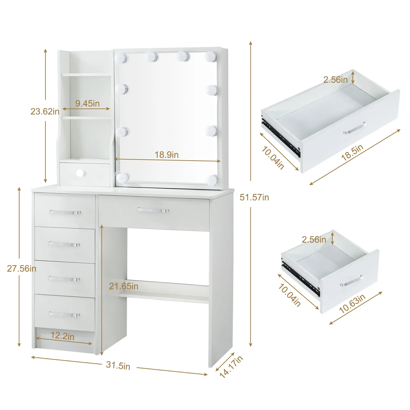 Yamissi Modern Vanity Desk for Bedroom, Makeup Vanity with LED Lighted Sliding Mirror and Stool, Vanity Table with Storage Shelves and Drawers, White