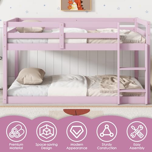 Bunk Bed Twin Over Twin, Wood Low Profile Floor Twin Bunk Beds with Ladder Guardrails for Kids Boys and Girls, No Box Spring Needed