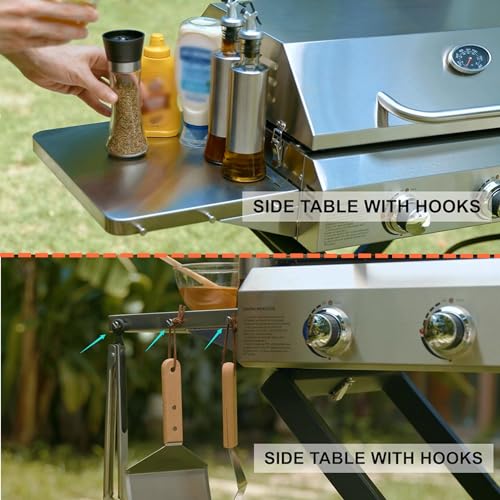 Portable Propane Gas Griddle 3-Burner with Foldable Cart & Side Table, Flat Top Gas Grill Griddle Stove with Lid