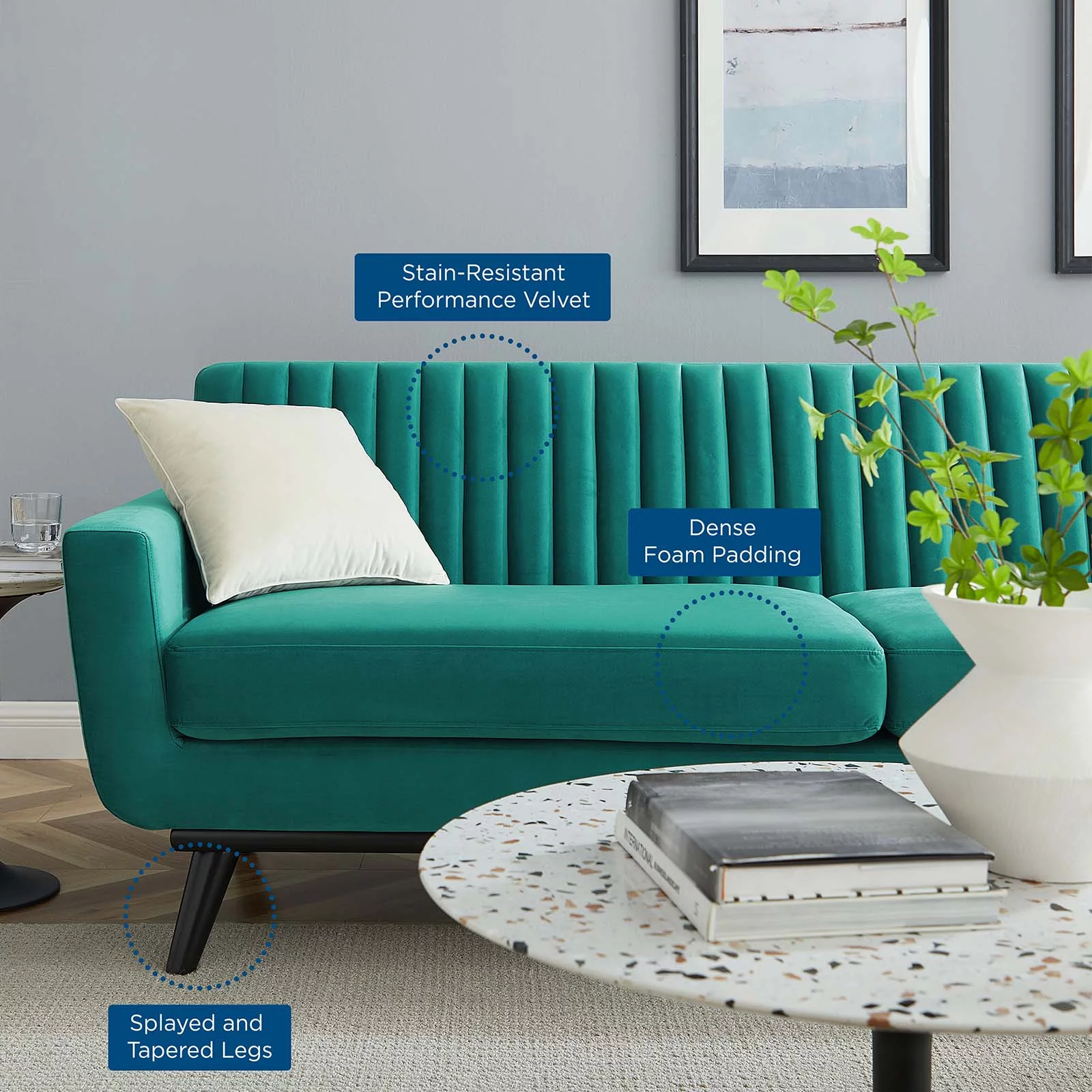 Tufted Sofa, Velvet, Teal Blue, Modern Contemporary Urban Design, Living Lounge Room Hotel Lobby Hospitality