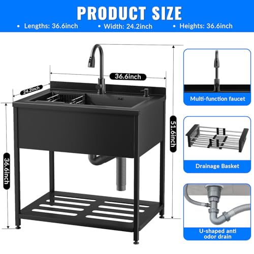 Stainless Steel Utility Sink, 36.6" × 24.2" × 36.6"Freestanding Sink with Cold and Hot Water Faucet,Hoses and Drain Kit for Kitchens, Bathrooms