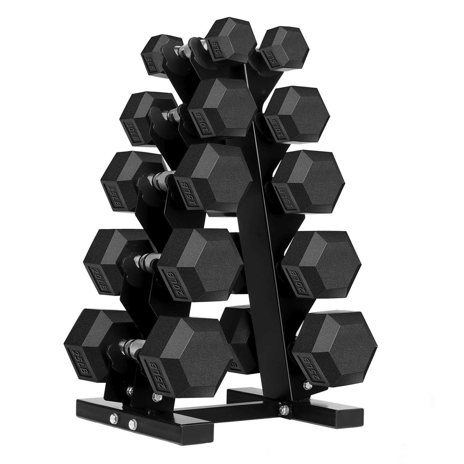 150 Pound Hex Dumbbell Set with Rubber Coated Dumbbells and Rack - Sports Supplies Online Store