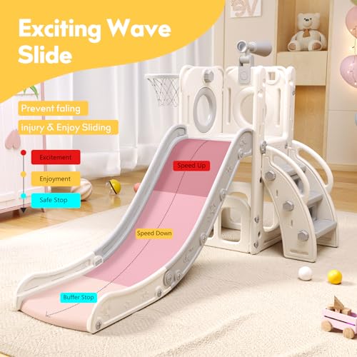 6 in 1 Toddler Playset with Slide, Kids Slide with Basketball Hoop, Ball, Ring Toss, Indoor Outdoor Toys (White Grey)